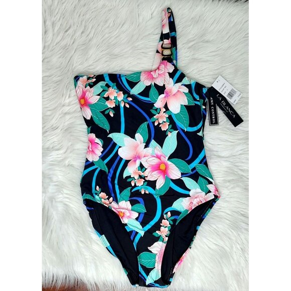 La Blanca One Piece Swimsuit 12 One Shoulder Floral Tropical NEW - Picture 4 of 8